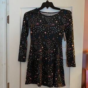 🆕 Girls Black Long Sleeve Skater Dress with Colorful Pattern
